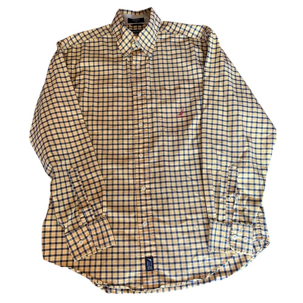 Nautica Men's Yellow & Black Plaid Long Sleeve Button Shirt Size Medium